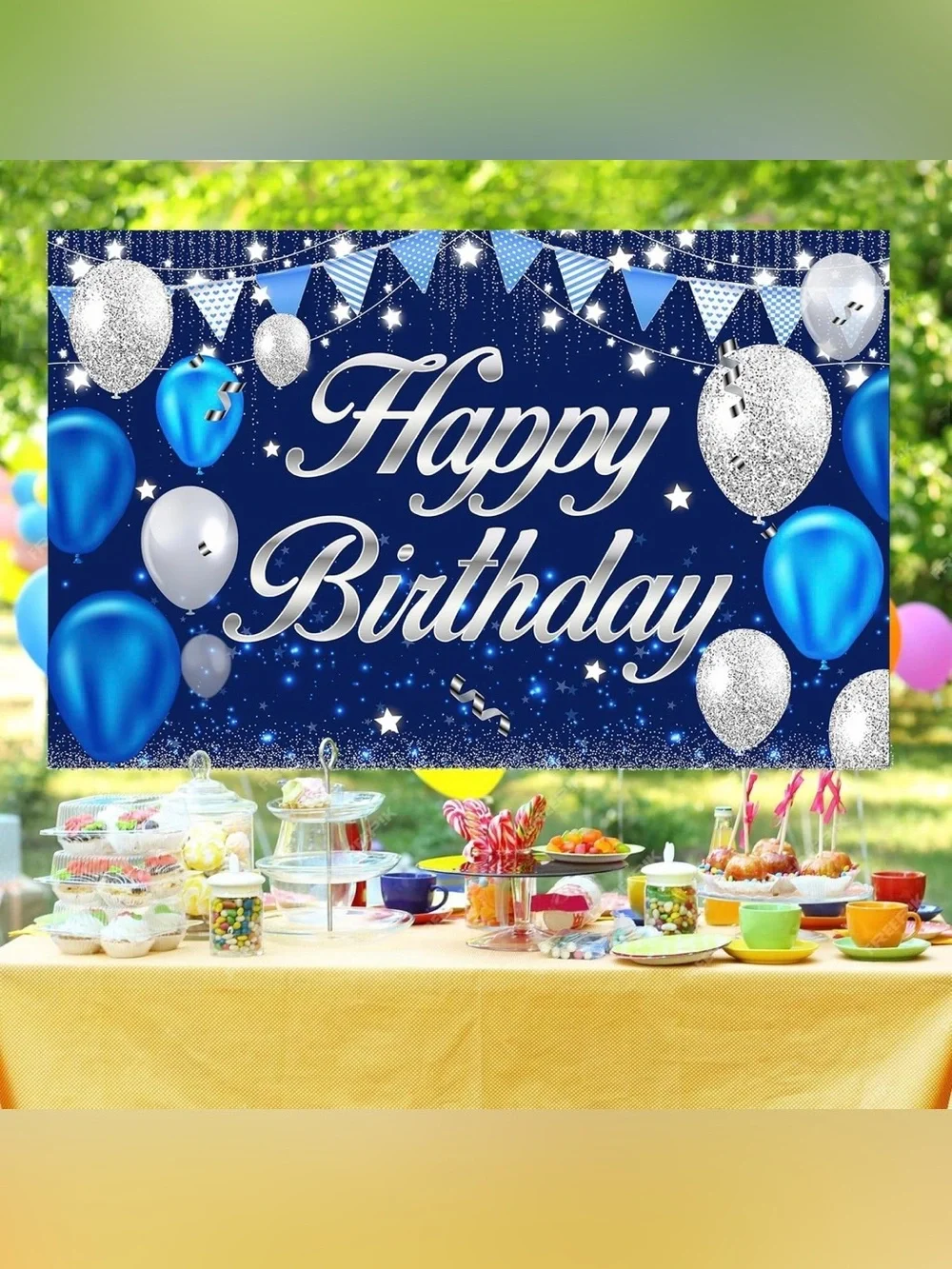 Giant Happy Birthday Banner/ Blue Sliver /Indoor Outdoor 83